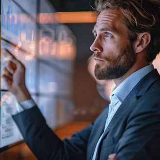 Homem a visualizar e a interagir com quadros de dados em gráficos