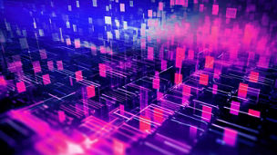 Representação abstrata de tecnologia digital com luzes e formas geométricas em tons de roxo e rosa.
