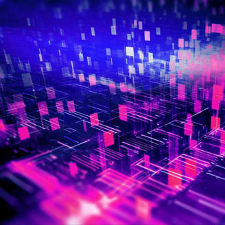 Representação abstrata de tecnologia digital com luzes e formas geométricas em tons de roxo e rosa.