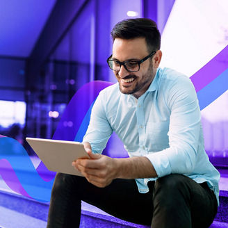 Man reviewing documents in a modern office, with a blue background and abstract wavy shapes in shades of purple and blue.