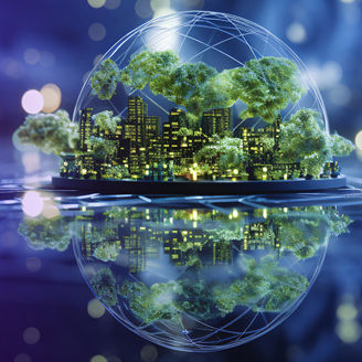 Imagem de um globo com uma cidade verde dentro