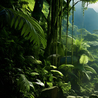 Floresta tropical densa e exuberante, com vegetação verde intensa, árvores altas e luz solar a atravessar as copas, criando um ambiente natural e sereno.