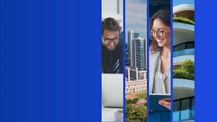 Imagem de homem no computador, edificio na cidade, mulher com tablet e detalhes de um edificio