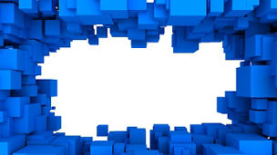 Conjunto de cubos azuis tridimensionais sobre fundo branco, criando um efeito geométrico e abstracto com profundidade e contraste.