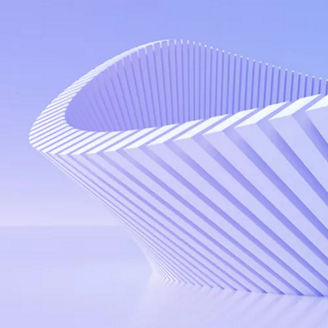 Estrutura abstracta curva composta por barras brancas sobre um fundo em tons suaves de azul e lilás, com um visual minimalista e futurista.