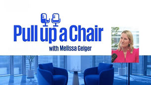 Pull Up a Chair with Melissa Geiger podcast branding, featuring two blue armchairs and a microphone in a studio setting