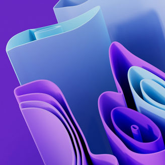 Purple and Blue 3D Ribbons form a Multicolored abstract background. 3D Render with copy-space. 