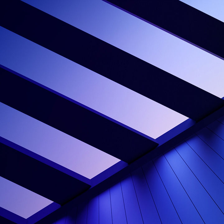 Purple-blue sky viewed upwards through slatted ceiling