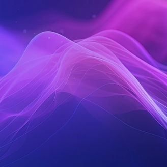 Ondas abstractas em tons de azul, roxo e rosa com um efeito etéreo e luminoso, criando uma sensação de movimento suave e atmosfera futurista.