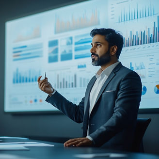 Modern South Asian Business Office Meeting Confident Indian Manager Uses Interactive Display Makes Report to a Group of Corporate Partners Shows Statistics Growth and Financial Analyti : Generative AI