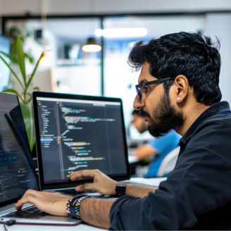 Full Stack Developer Front End businessman  typing on his laptop at a desk