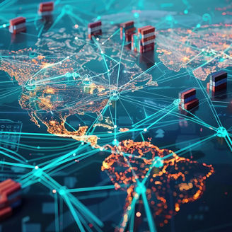 Global supply chain network with interconnected shipping routes and distribution hubs.