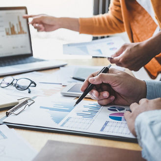 Business team collaboration discussing working analyzing with financial data and marketing growth report graph in team, presentation and brainstorming to strategy planning making profit of company.