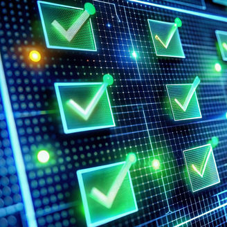 Close-up of a computer screen displaying a system validation process with coding lines and green checkmarks indicating successful data verification and system approval.