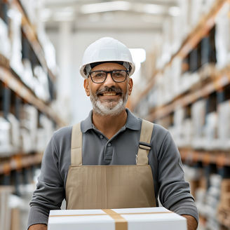 Professional warehouse worker in uniform managing logistics and supply chain operations. Ideal for showcasing industrial efficiency and organized workflows