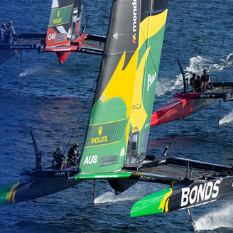 SailGP catamarans sailing on sunny day