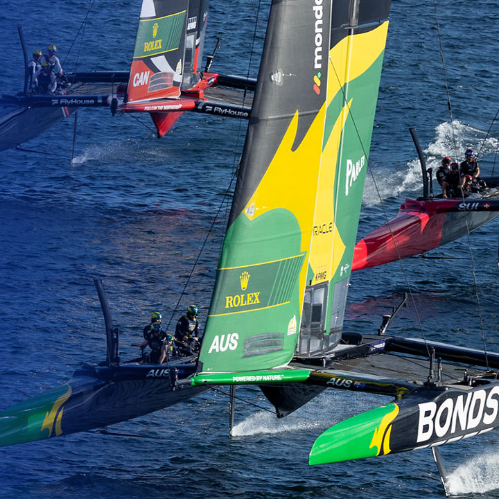 SailGP catamarans sailing on sunny day