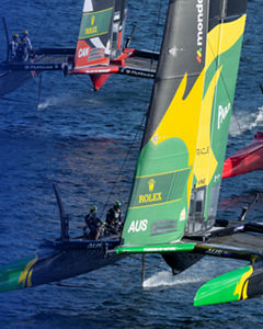 SailGP catamarans sailing on sunny day