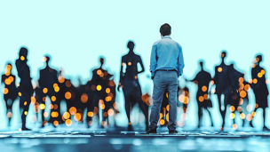 Abstract businessman standing in VR environment. 3D generated image.