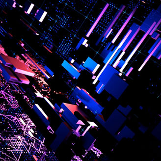 Abstract digital scene with clusters of geometric shapes and glowing lines in blue, pink, and purple tones arranged over a grid-like background
