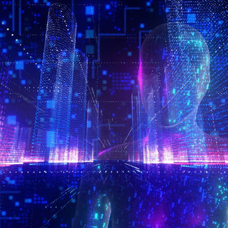 A translucent human figure surrounded by glowing blue and pink data patterns, pixel blocks, and abstract city‑like structures