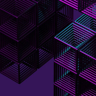 Abstract 3D composition of open cube frames arranged in a geometric pattern, lit with purple, pink, and teal highlights against a dark background