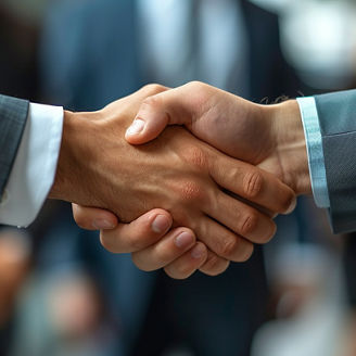 Handshakes exchanged between business partners, signifying successful deals and partnerships in the financial sector.