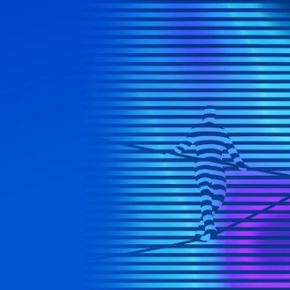 A tightrope walker against a striped background