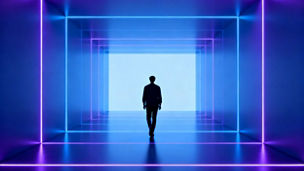 Silhouette of a person walking through a futuristic neon-lit tunnel with glowing blue and purple lights