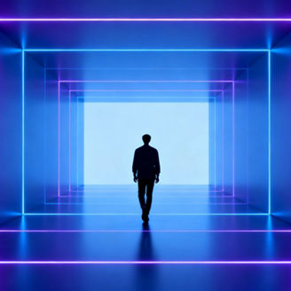 Silhouette of a person walking through a futuristic neon-lit tunnel with glowing blue and purple lights