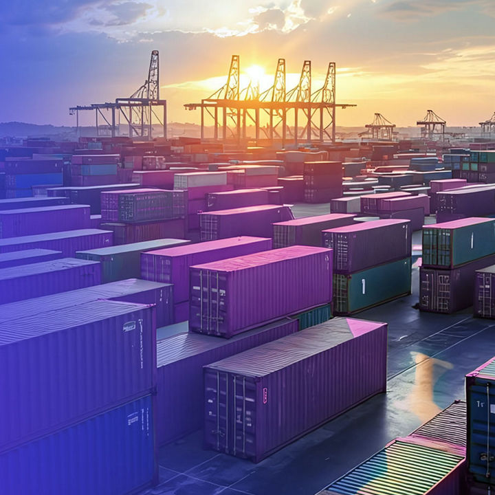 Shipping containers in a port with cranes and sunset banner