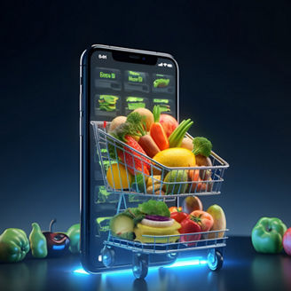 Mobile phone for searching online recipe, diet, nutrition. Grocery shopping app concept