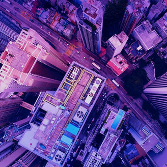 Aerial view of the skyscrapers of the city of Kuala Lumpur in the style of the 80s, neon colors. Wide shot 