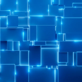Abstract 3D geometric background featuring blue cubes with glowing edges, creating a futuristic, high-tech, and cyber-inspired visual effect.
