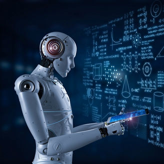 3d rendering robot learning or machine learning with education hud interface