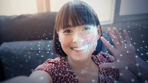 Face detection AI technology, facial recognition security user identification access, Asian girl waving gesture at home, smart scanning sensor world environment surrounding, 3d modeling wireframe.; Shutterstock ID 1967373745; purchase_order: 