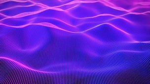 Technology background with connected dots on 3D wave landscape. Data science, particles, digital world, virtual reality, cyberspace, metaverse concept.