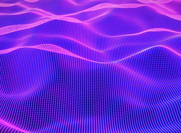 Technology background with connected dots on 3D wave landscape. Data science, particles, digital world, virtual reality, cyberspace, metaverse concept.