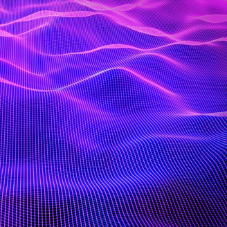 Technology background with connected dots on 3D wave landscape. Data science, particles, digital world, virtual reality, cyberspace, metaverse concept.