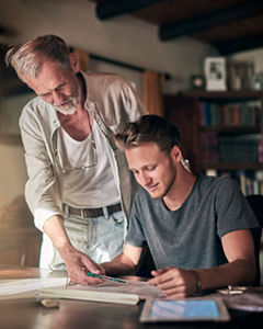 Senior man, architecture blueprint and student with learning for education, knowledge and study in home. Architect, elderly dad and son with floor plan for family business, entrepreneur and design; Shutterstock ID 2482085157; purchase_order: 