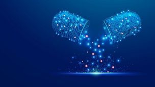 concept of bioengineering or healthcare technology, graphic of 3D pill combined with electronic pattern