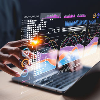 A hand interacts with holographic data visuals above a laptop, showcasing modern technology and data analysis.; Shutterstock ID 2604378995; purchase_order: 