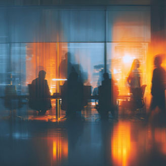 Blurred silhouettes of people in a modern office with warm, glowing reflections; Shutterstock ID 2707720311; purchase_order: 