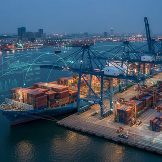 container ship port logistics, realistic photography, digital overlay, data lines, modern logistics technology