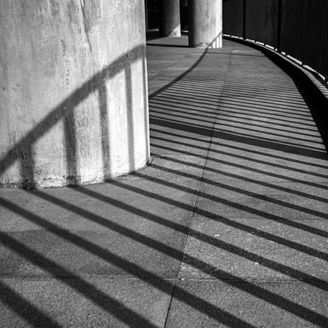 High contrast shadow and highlight areas of a building that has long and tall vertical ornament. There are repeating patterns in stairs and other architectural objects.