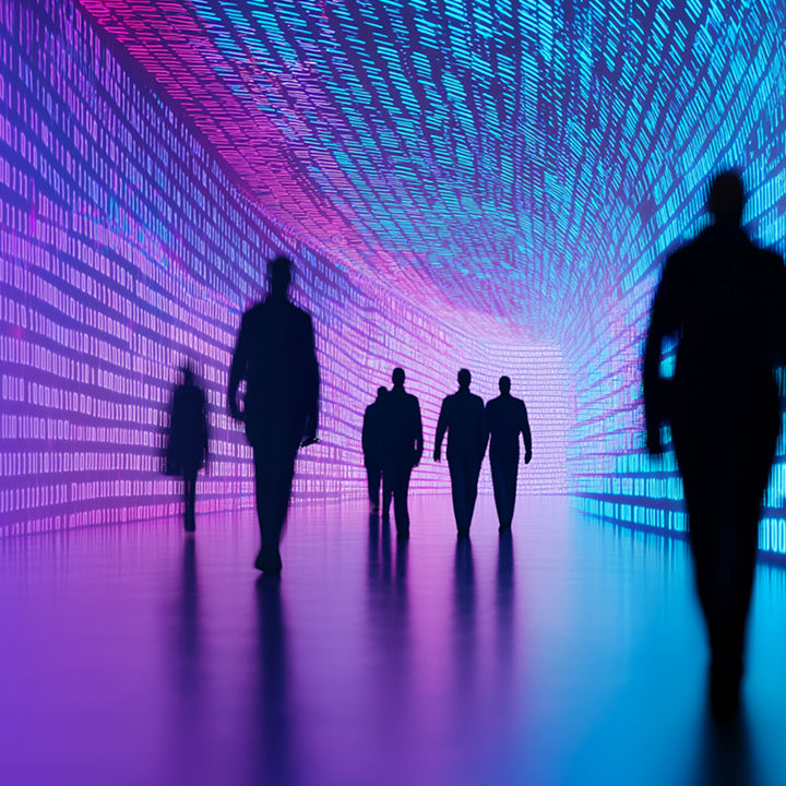 Silhouettes of people walking in a digital tunnel