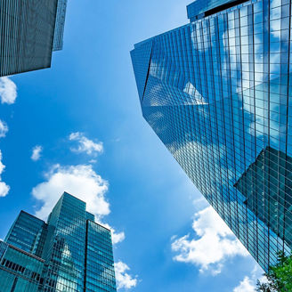 Sky clouds glass building view from bottom