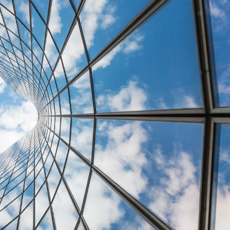 Sky reflection over building banner