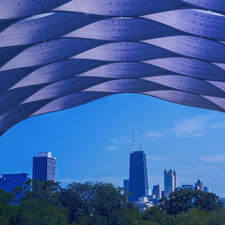 Skyline through modern architecture banner