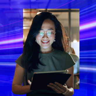 Smiling woman in spectacles looking at ipad banner